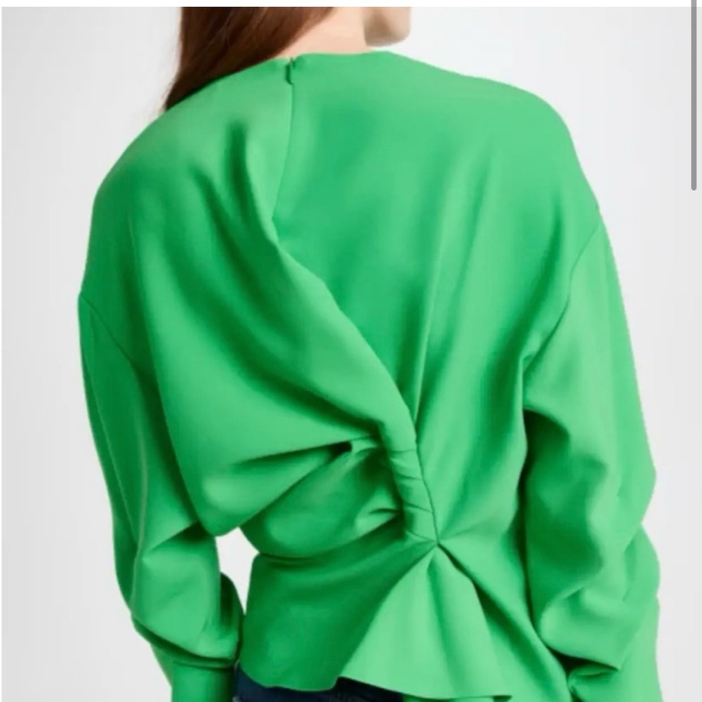 Green Asymmetrical Ruched Long Sleeve Blouse - Picture 2 of 15